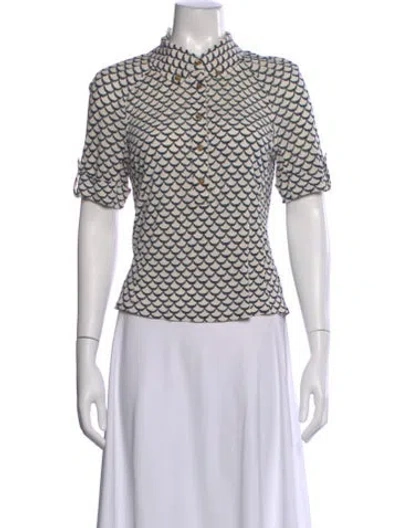 Pre-owned Tory Burch Patterned Short Sleeve Button-up Top In White