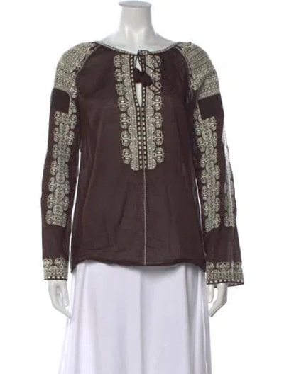 Pre-owned Tory Burch Patterned Tie Neck Blouse In Brown