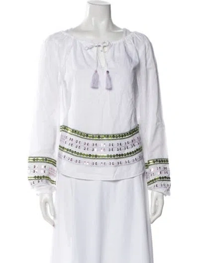 Pre-owned Tory Burch Patterned Tie Neck Blouse In White