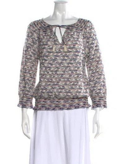 Pre-owned Tory Burch Patterned Tie Neck Blouse In White