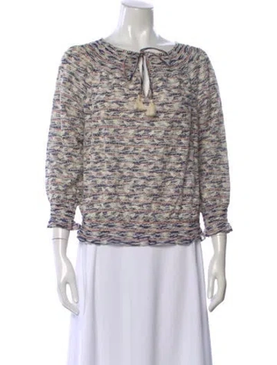Pre-owned Tory Burch Patterned Tie Neck Top In White