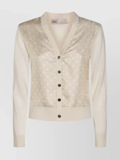 Tory Burch Patterned V Neck Cardigan In Neutral