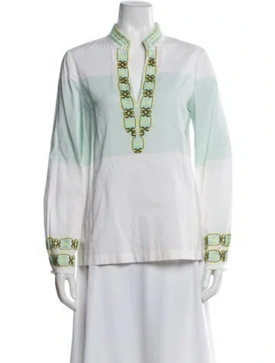 Pre-owned Tory Burch Patterned V-neck Blouse In Green