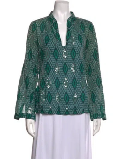 Pre-owned Tory Burch Patterned V-neck Blouse In Green