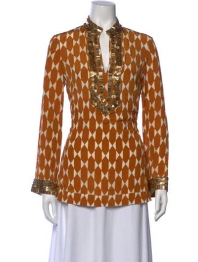 Pre-owned Tory Burch Patterned V-neck Blouse In Neutral