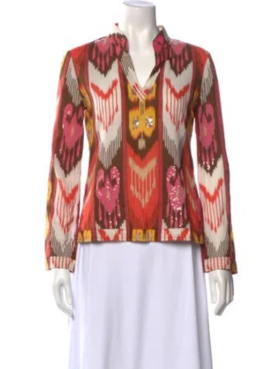 Pre-owned Tory Burch Patterned V-neck Blouse In Orange