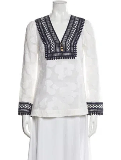 Pre-owned Tory Burch Patterned V-neck Blouse In White