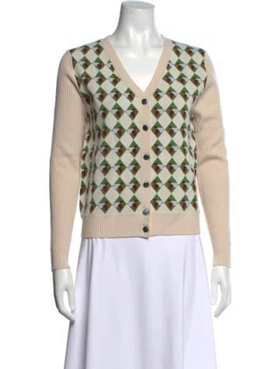 Pre-owned Tory Burch Patterned V-neck Sweater W/ Tags In Neutral