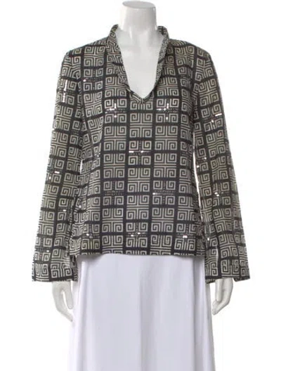 Pre-owned Tory Burch Patterned V-neck Top In Black
