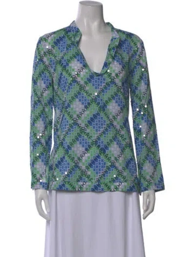 Pre-owned Tory Burch Patterned V-neck Top In Blue