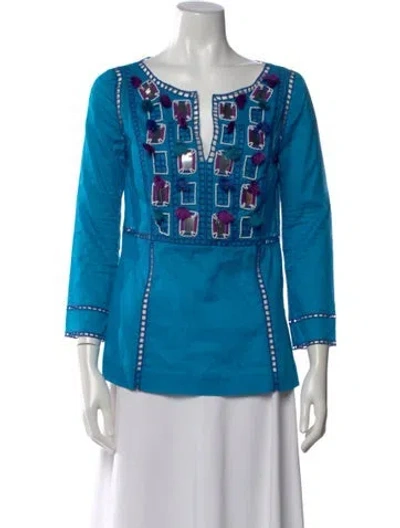 Pre-owned Tory Burch Patterned V-neck Top In Blue