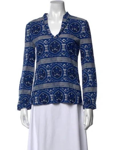 Pre-owned Tory Burch Patterned V-neck Top In Blue