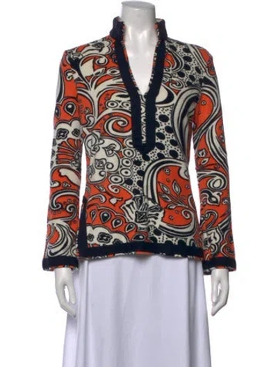 Pre-owned Tory Burch Patterned V-neck Top In Blue