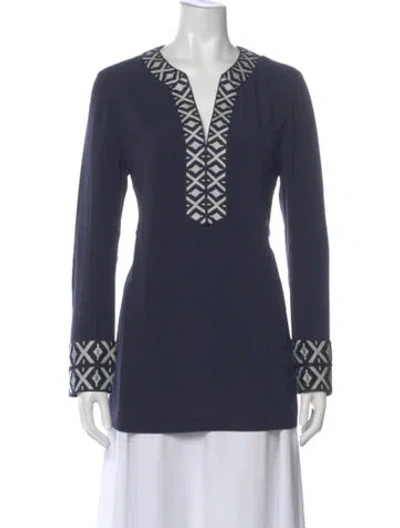 Pre-owned Tory Burch Patterned V-neck Tunic W/ Tags In Blue