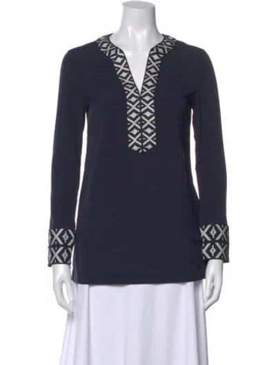Pre-owned Tory Burch Patterned V-neck Tunic W/ Tags In Blue