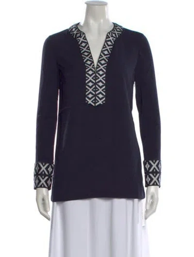 Pre-owned Tory Burch Patterned V-neck Tunic W/ Tags In Blue