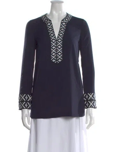 Pre-owned Tory Burch Patterned V-neck Tunic W/ Tags In Blue