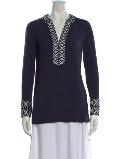 Pre-owned Tory Burch Patterned V-neck Tunic W/ Tags In Blue