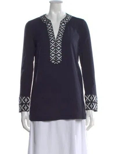 Pre-owned Tory Burch Patterned V-neck Tunic W/ Tags In Blue