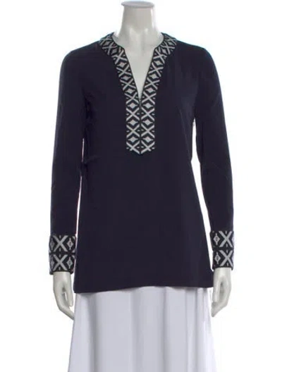 Pre-owned Tory Burch Patterned V-neck Tunic W/ Tags In Blue