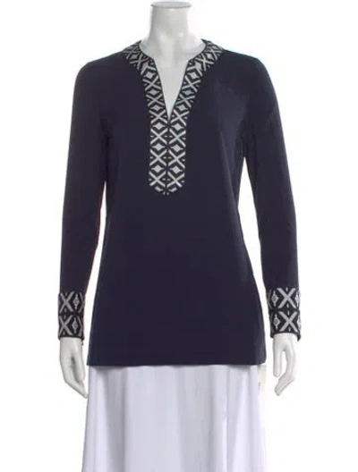 Pre-owned Tory Burch Patterned V-neck Tunic W/ Tags In Blue