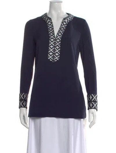Pre-owned Tory Burch Patterned V-neck Tunic W/ Tags In Blue