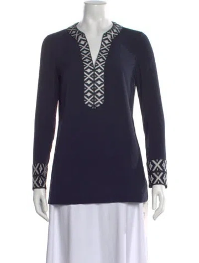Pre-owned Tory Burch Patterned V-neck Tunic W/ Tags In Blue