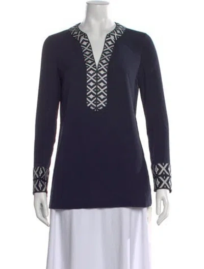 Pre-owned Tory Burch Patterned V-neck Tunic W/ Tags In Blue