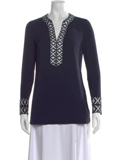 Pre-owned Tory Burch Patterned V-neck Tunic W/ Tags In Blue