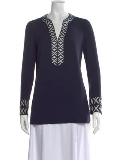 Pre-owned Tory Burch Patterned V-neck Tunic W/ Tags In Blue