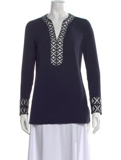 Pre-owned Tory Burch Patterned V-neck Tunic W/ Tags In Blue