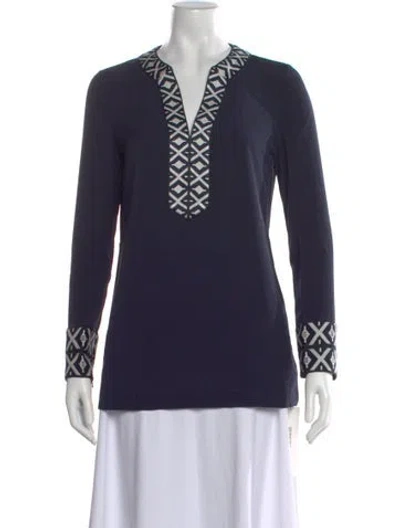 Pre-owned Tory Burch Patterned V-neck Tunic W/ Tags In Blue