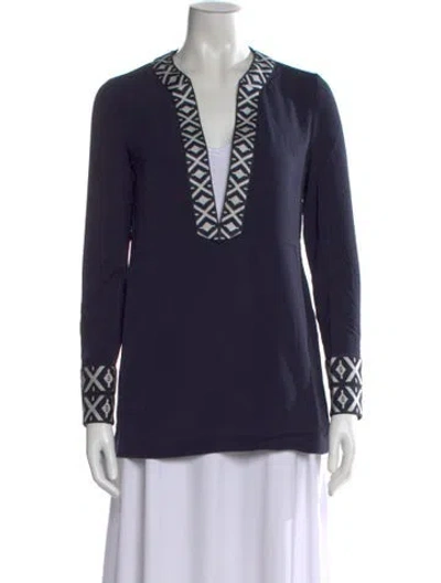 Pre-owned Tory Burch Patterned V-neck Tunic W/ Tags In Blue