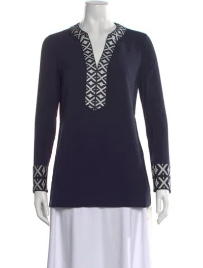 Pre-owned Tory Burch Patterned V-neck Tunic W/ Tags In Blue