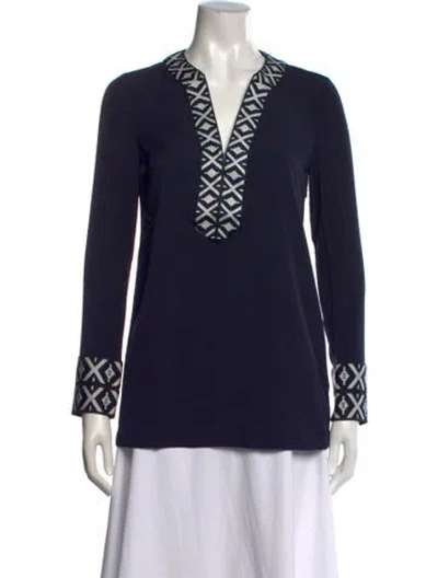 Pre-owned Tory Burch Patterned V-neck Tunic W/ Tags In Blue