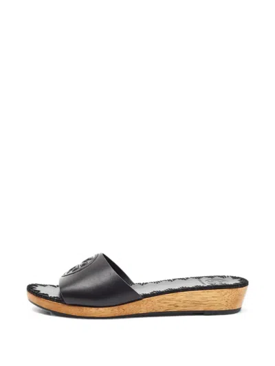 Pre-owned Tory Burch Patty Logo Wedge Sandals In Black