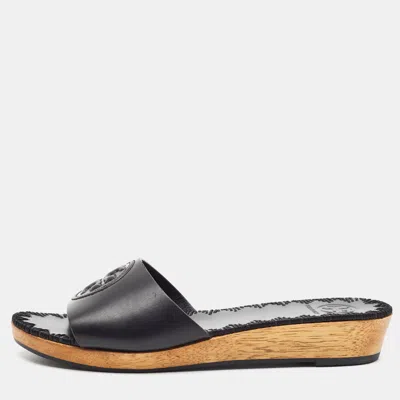Pre-owned Tory Burch Patty Size 36.5 Black Leather Wedge Sandals