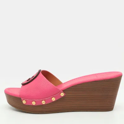 Pre-owned Tory Burch Patty Size 41 Pink Leather Wedge Sandals