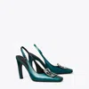 Tory Burch Pave 100mm Logo-plaque Leather Pumps In Teal Green