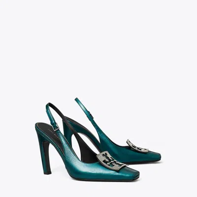 Tory Burch Pave 100mm Logo-plaque Leather Pumps In Teal Green