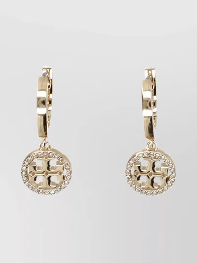 Tory Burch Pave Hoop Earring Drop Charm In Tory Gold / Crystal