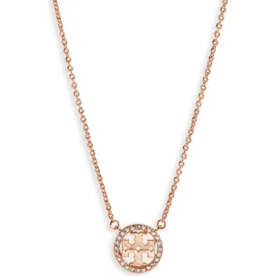 Tory Burch Delicate Crystal Logo Pendant Necklace In Gold