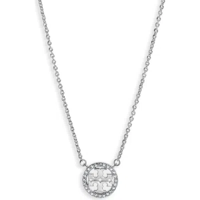 Tory Burch Pavé Logo Pendant Necklace In Tory Silver/crystal