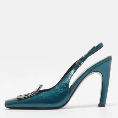 Pre-owned Tory Burch Pave Size 37 Teal Green Metallic Leather Slingback Pumps