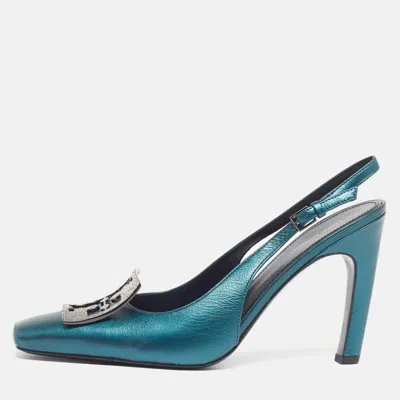 Pre-owned Tory Burch Pave Size 39 Teal Green Metallic Leather Slingback Pumps
