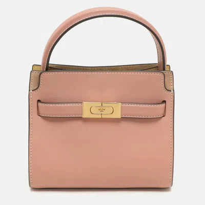 Pre-owned Tory Burch Peach/beige Leather And Suede Petite Double Lee Radziwill Top Handle Bag In Pink