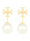 Tory Burch Metallic Earings With Double T Motif And Pearls In Brass Woman In Gold