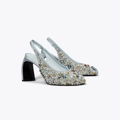 Tory Burch Peep-toe Embellished Slingback Pumps In Silver