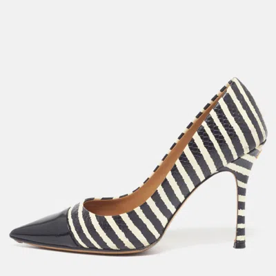 Pre-owned Tory Burch Penelope Size 38 White/black Leather And Patent Leather Pumps
