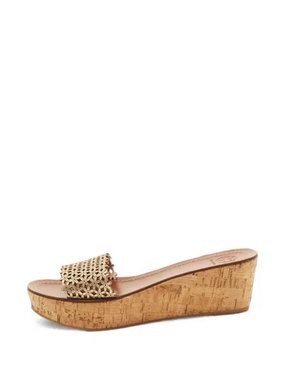 Pre-owned Tory Burch Perforated Leather Wedge Sandals In 金色